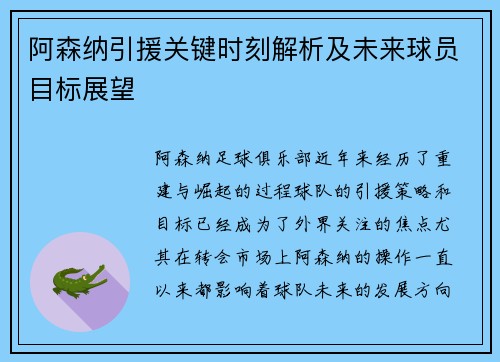 阿森纳引援关键时刻解析及未来球员目标展望